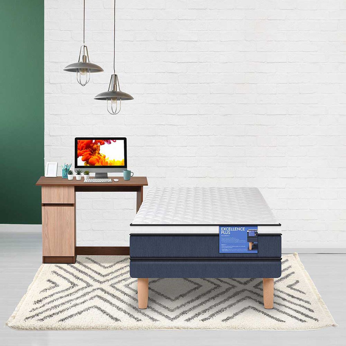 Combo Cama Europea CIC 1 Plaza Excellence Plus + Escritorio Olmo Alpino Nogal Amazónico 1 Puerta 1 Cajón