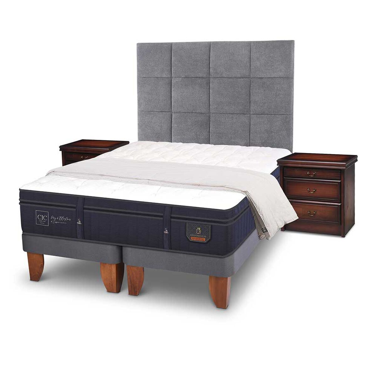 Cama Europea CIC Base Dividida S&uacute;per King S&uacute;per Premium + Respaldo + Veladores + Plum&oacute;n Ganso