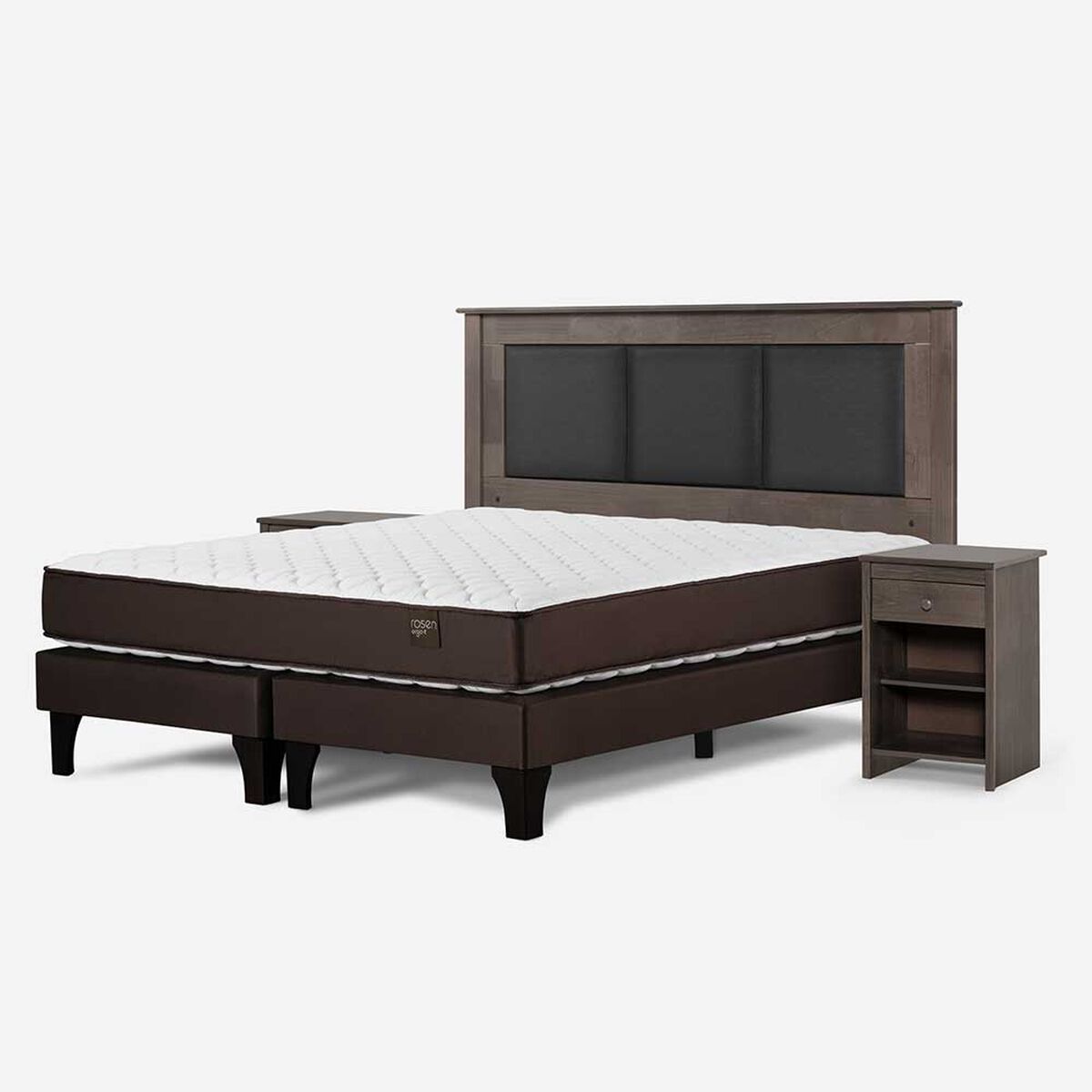 Cama Europea Rosen Base Dividida 2 Plazas New Ergo T + Respaldo Rachel Gris + 2 Veladores