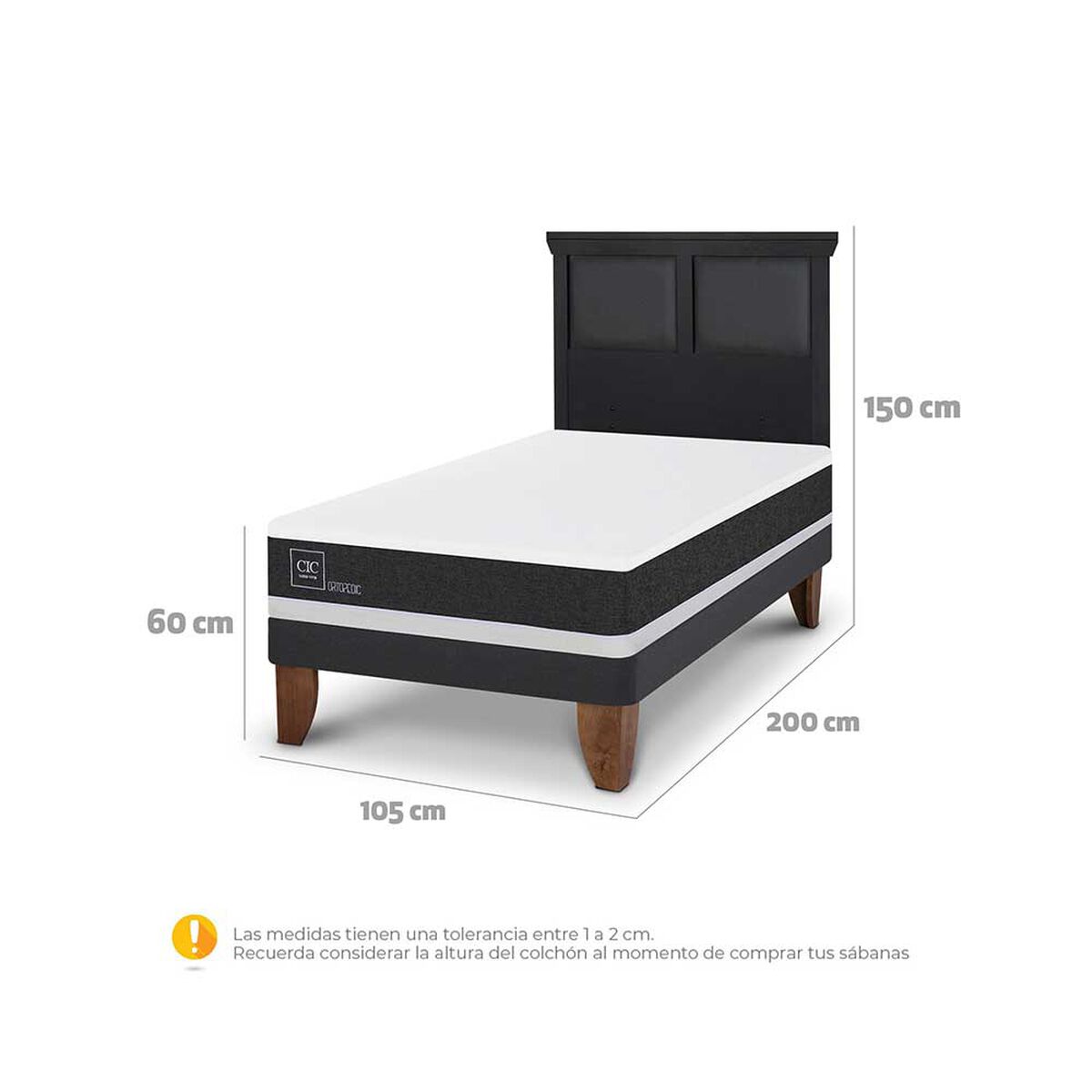 Cama Europea CIC 1,5 Plazas Ortopedic + Respaldo Torino Negro