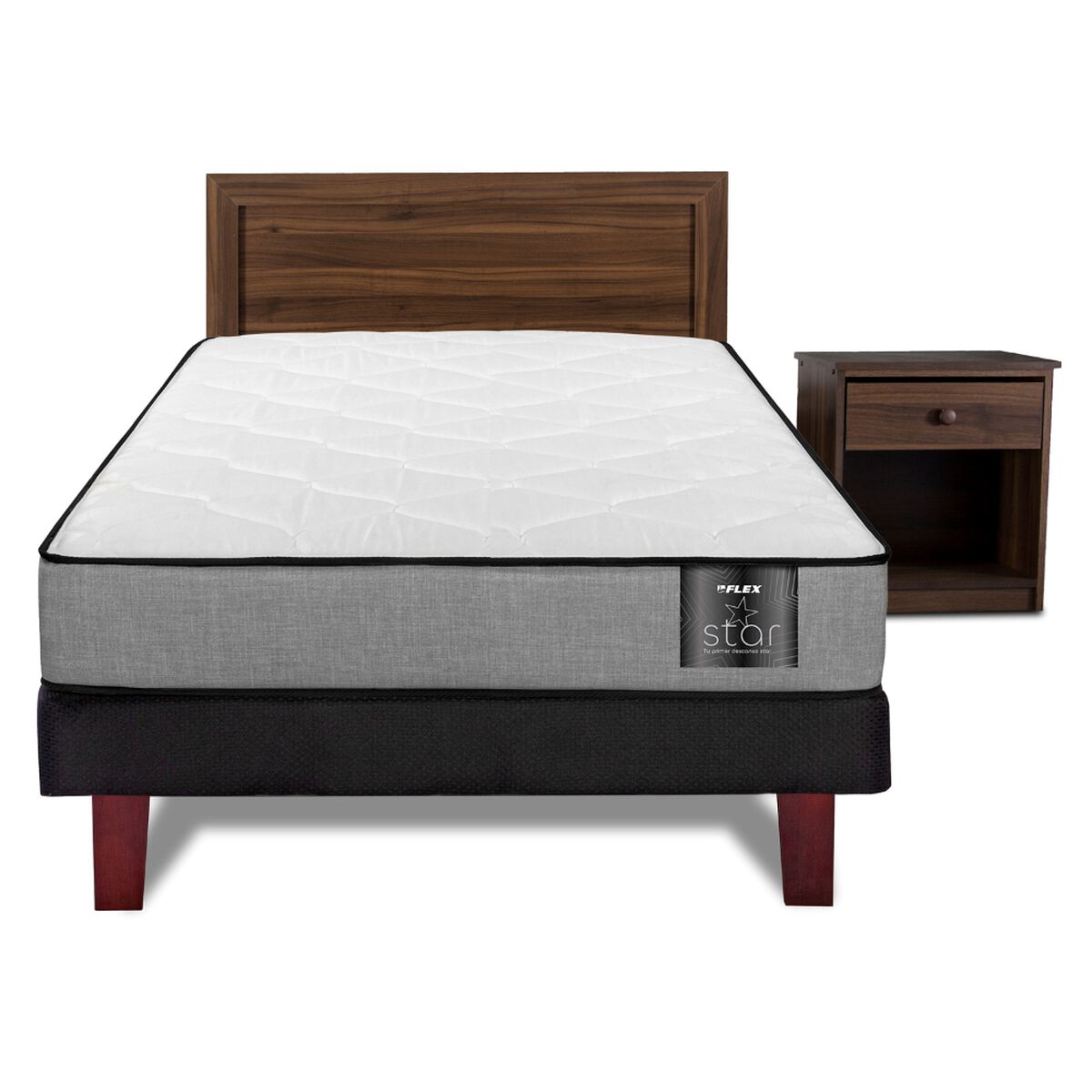 Cama Europea Flex 1,5 Plazas Star + Respaldo + Velador Asturias