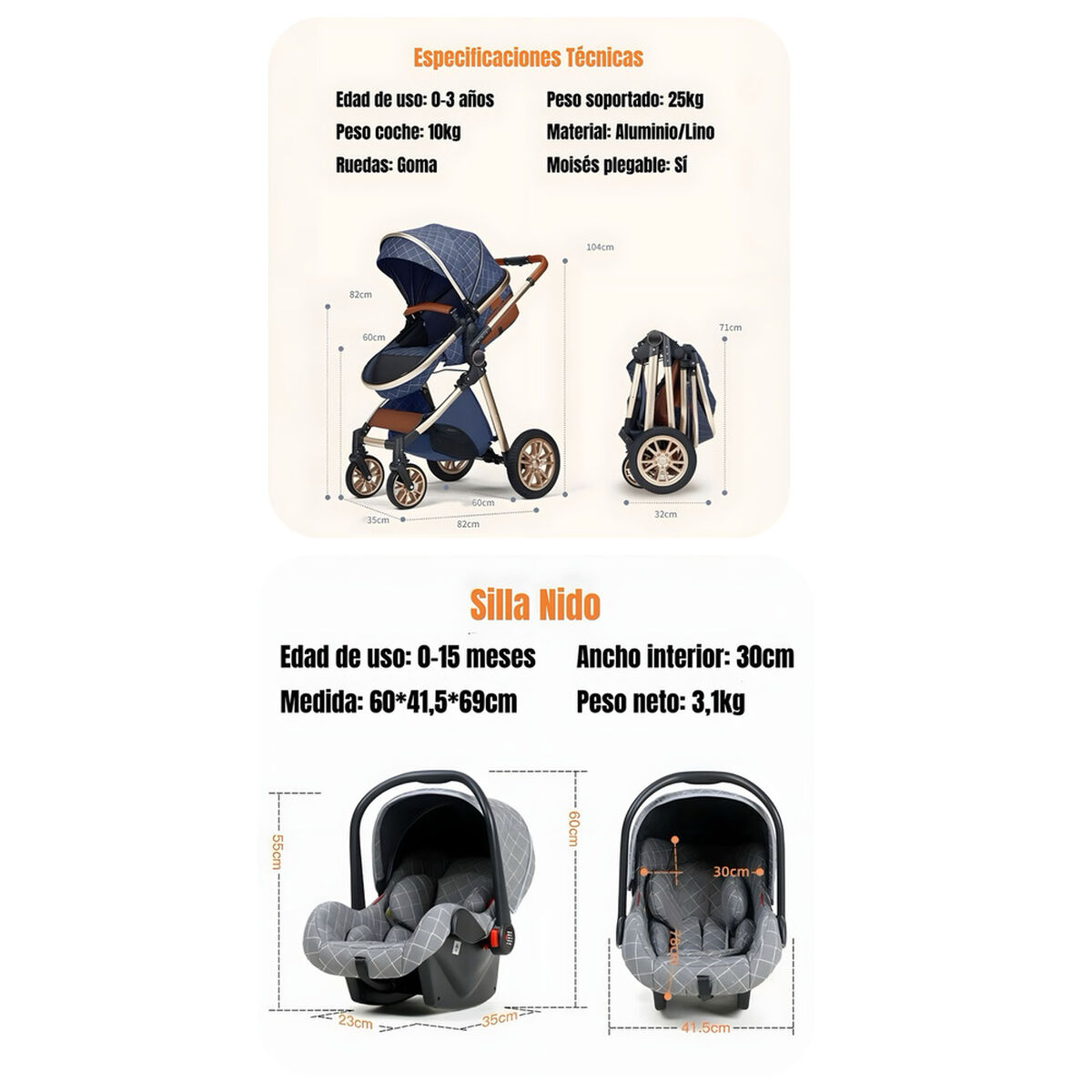 Coche Deluxe con Silla Nido y Accesorios Negro Lubabycas