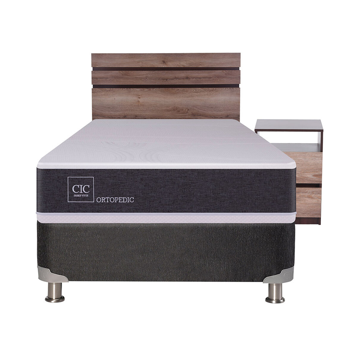 Box Spring CIC 1,5 Plazas Ortopedic + Respaldo + Velador