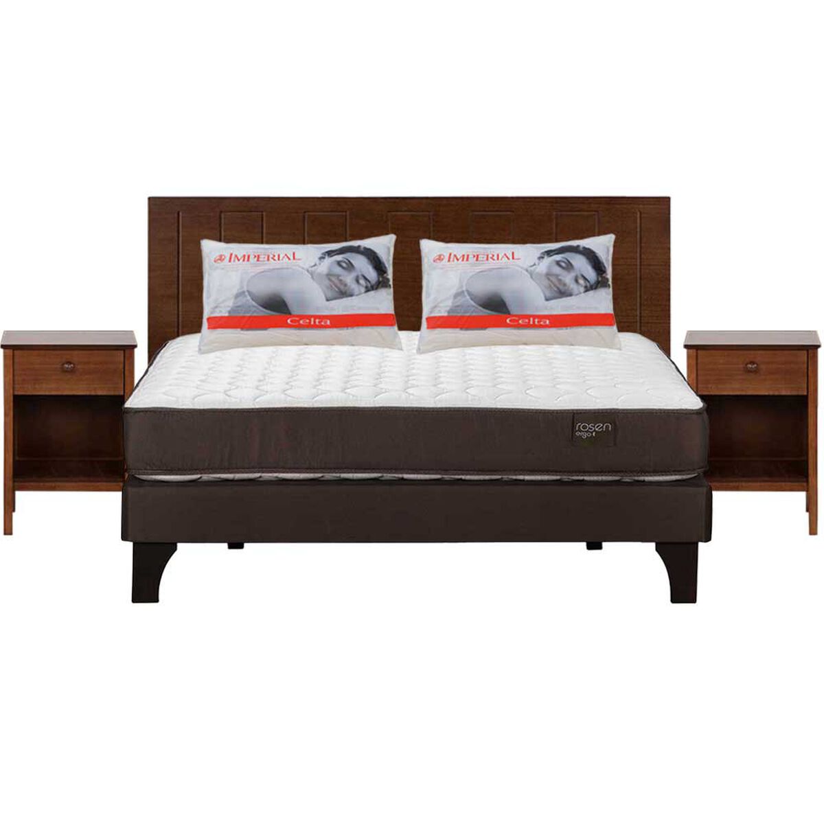 Combo Cama Europea Rosen 2 Plazas Ergo T + Respaldo + 2 Veladores CIC Alassio + Pack Almohadas Celta Imperial Soft