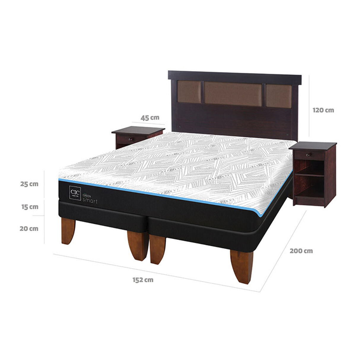 Cama Europea CIC Green Infinity 2 Plazas + 1 Respaldo + 2 Veladores Dublin Choc