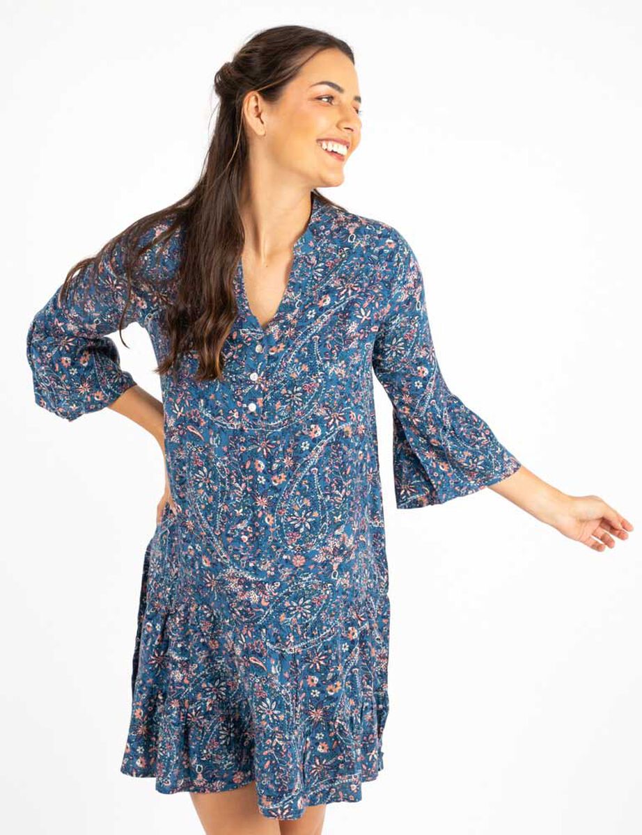 Vestido Corto Estampado Manga 3/4 Campana Botones Mujer Alma