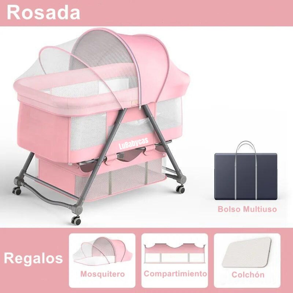 Cuna Bebé con Accesorios Rosada By Lubabycas