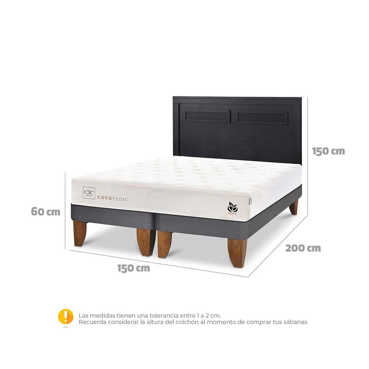 Cama Europea CIC Base Dividida 2 Plazas Cocopedic + Respaldo Milan Negro