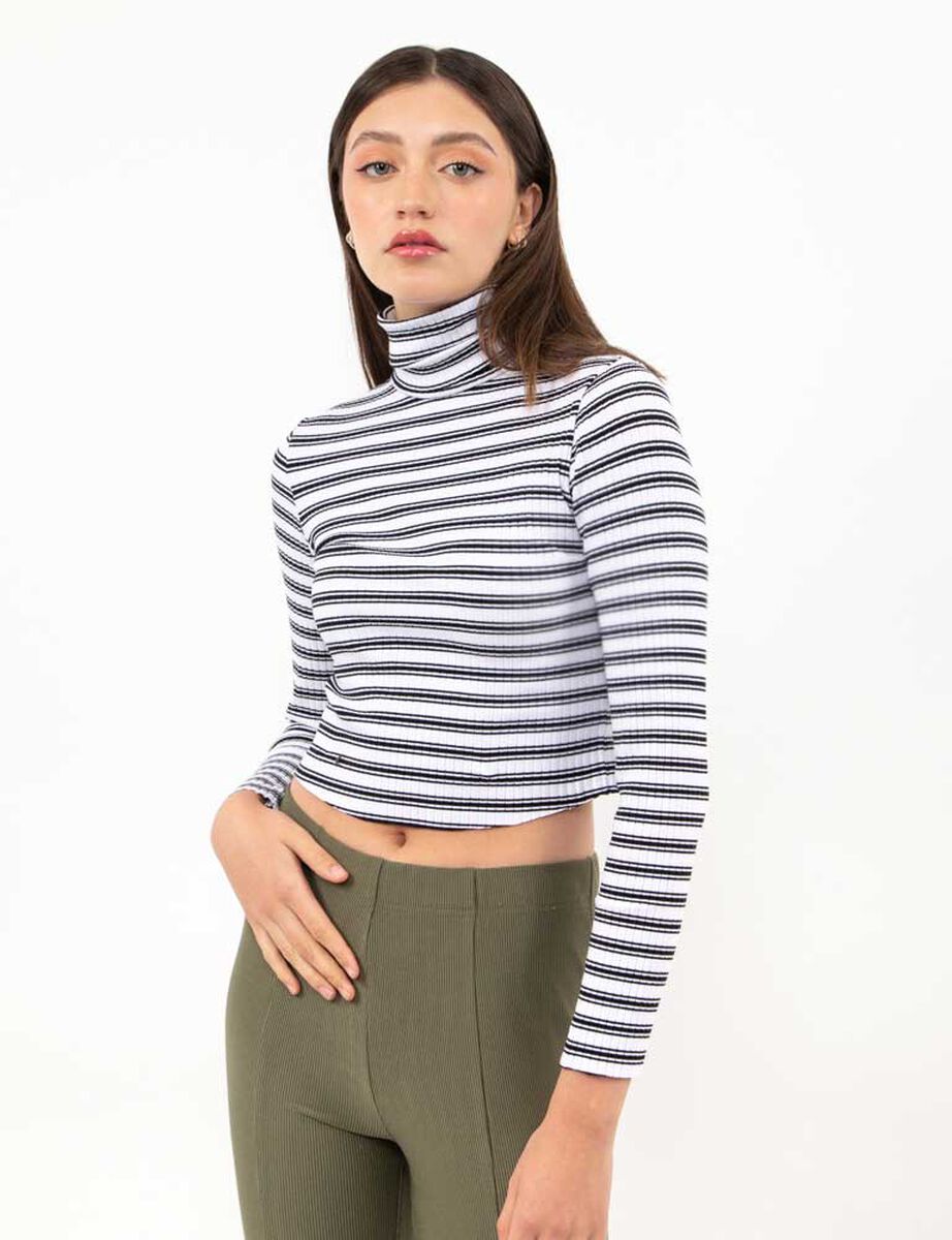 Polera Crop Rayas Manga Larga Cuello Tortuga Mujer Icono