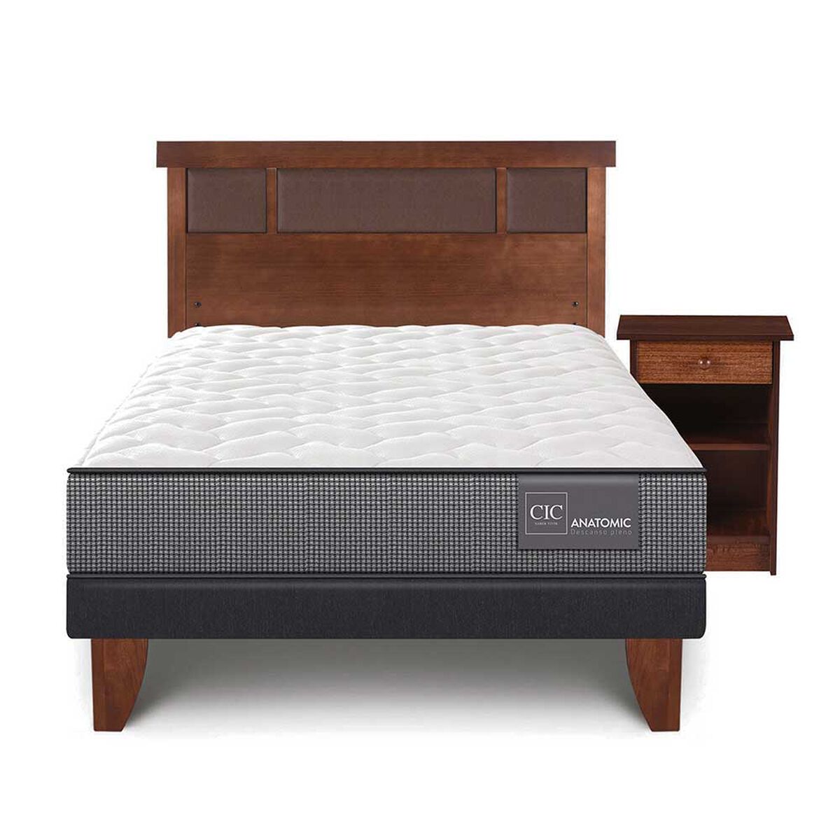 Cama Europea CIC 1,5 Plazas Anatomic + Respaldo +  Velador New Dublin Caramelo