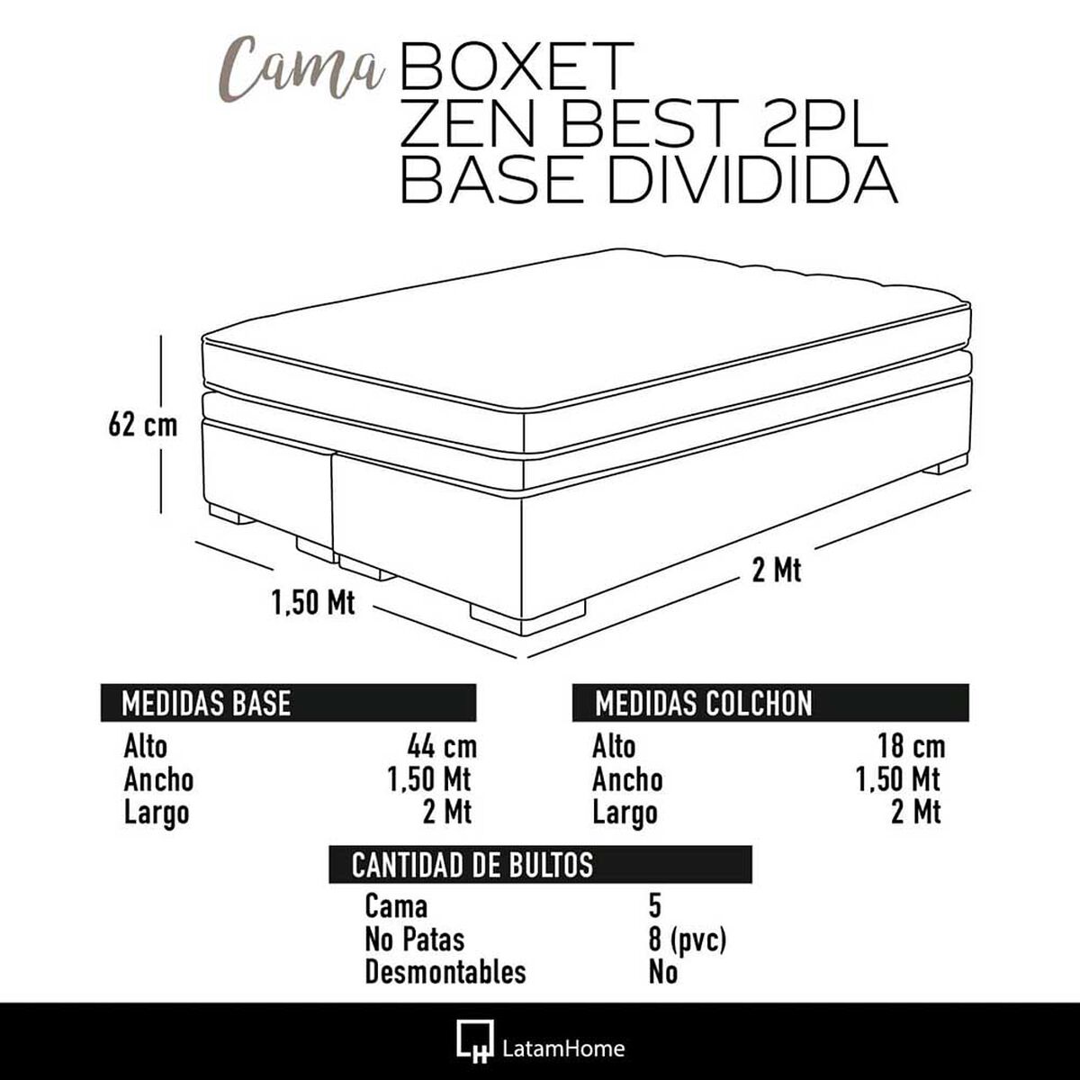 Cama Europea Boxet Latam Home Base Dividida 2 Plazas Zen Best