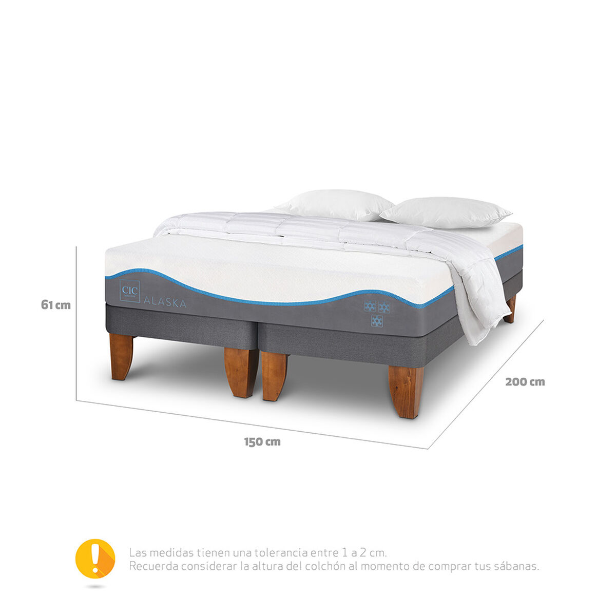 Cama Europea CIC Base Dividida 2 Plazas Alaska + Almohadas + Plumón