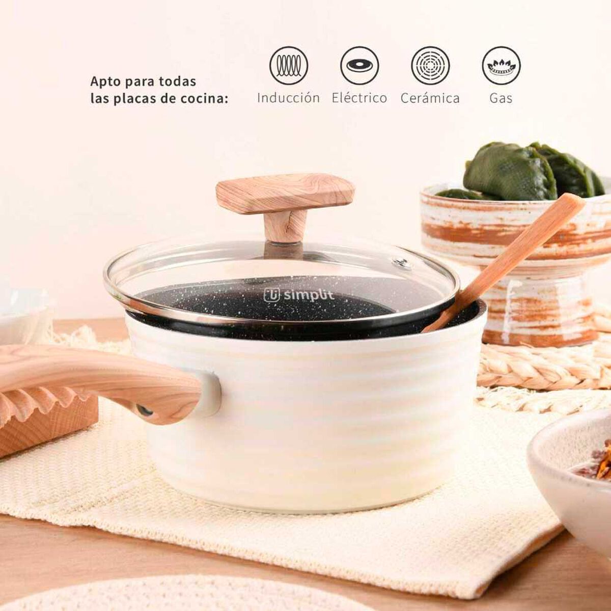 Bater&iacute;a de Cocina Aluminio Forjado Simplit 9 Piezas Crema + Set 12 Utensilios Calipso