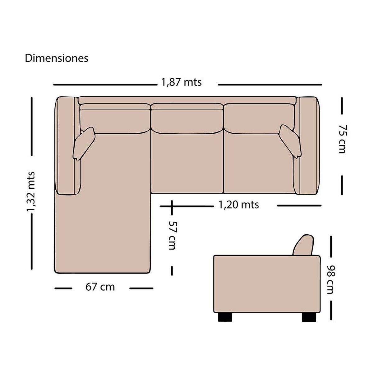 Sofá Seccional Izquierdo Living Factory Eko 3 Cuerpos Beige