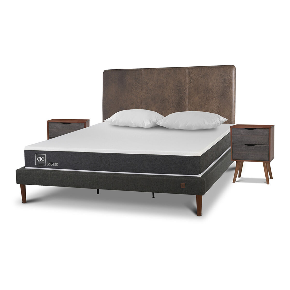 Cama Europea CIC King New Ortopedic + Respaldo Baker + 2 Veladores + Almohadas
