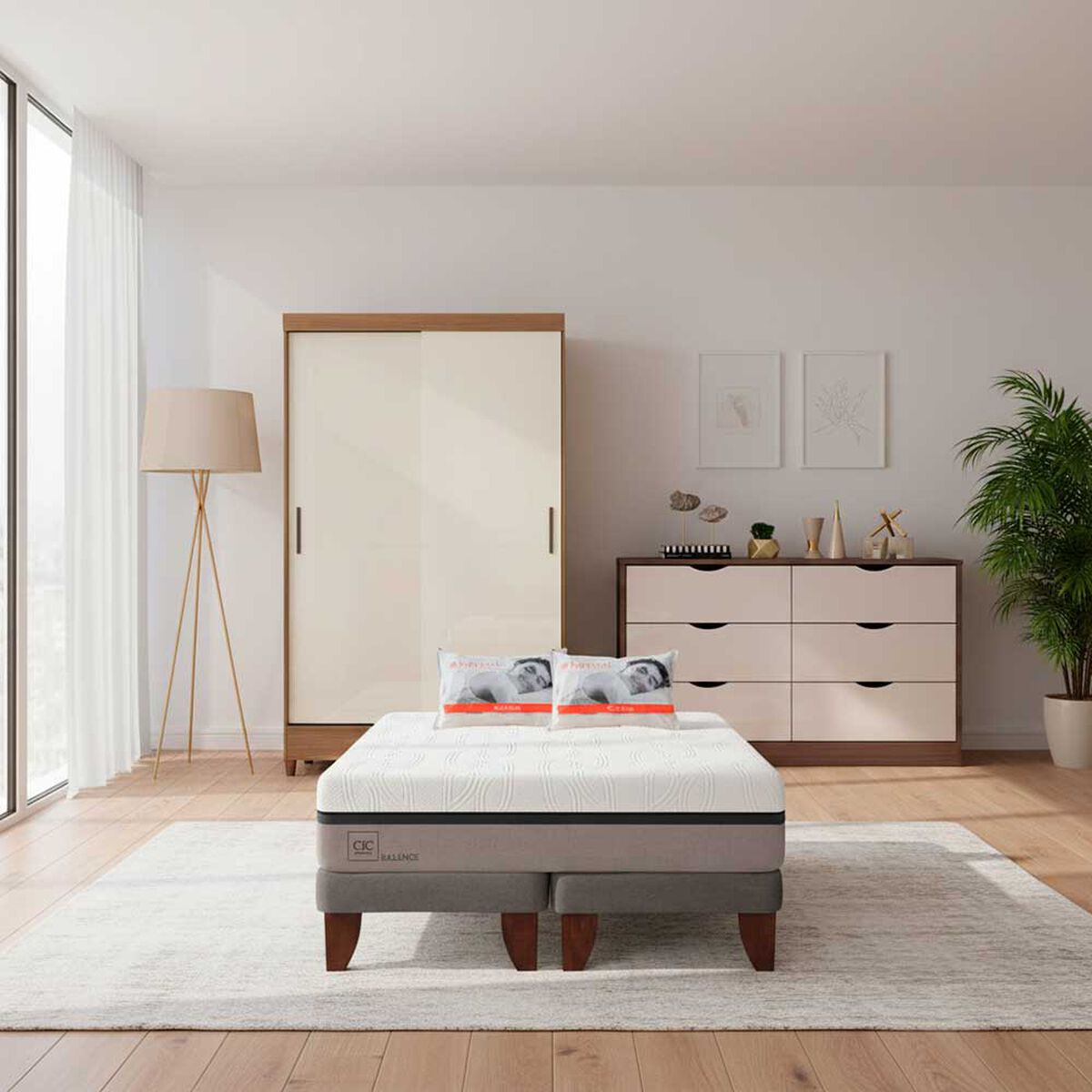Combo Cama Europea CIC Base Dividida 2 Plazas Balance + Cl&oacute;set Casanova Fit 2 Puertas Correderas Jequitiba Blanco + C&oacute;moda Casanova Pisa 6 Cajones Nogal Off White + Pack Almohadas Celta Imperial Soft Blanco 65 x 45 cm