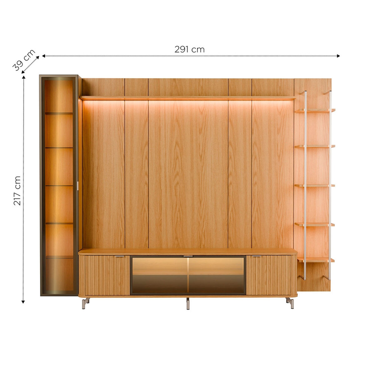 Rack TV 80" + Panel Neon Float Led + Vitrina + Repisas Decocasa Carvalho
