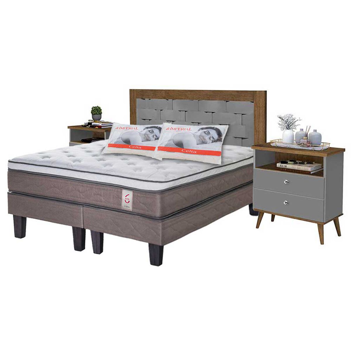 Combo Cama Europea Rosen Base Dividida 2 Plazas New Style 6 + Respaldo + 2 Veladores Dreams Treliza Gris + Pack Almohadas Celta Imperial Soft