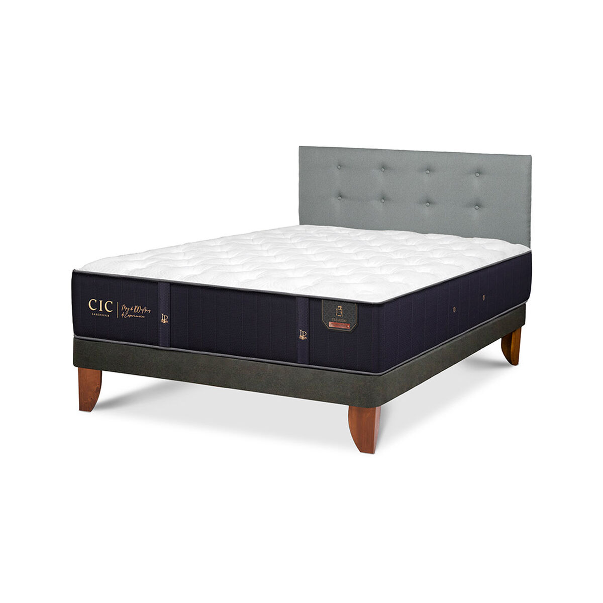 Cama Europea CIC Full Premium + Respaldo Gris Tapizado