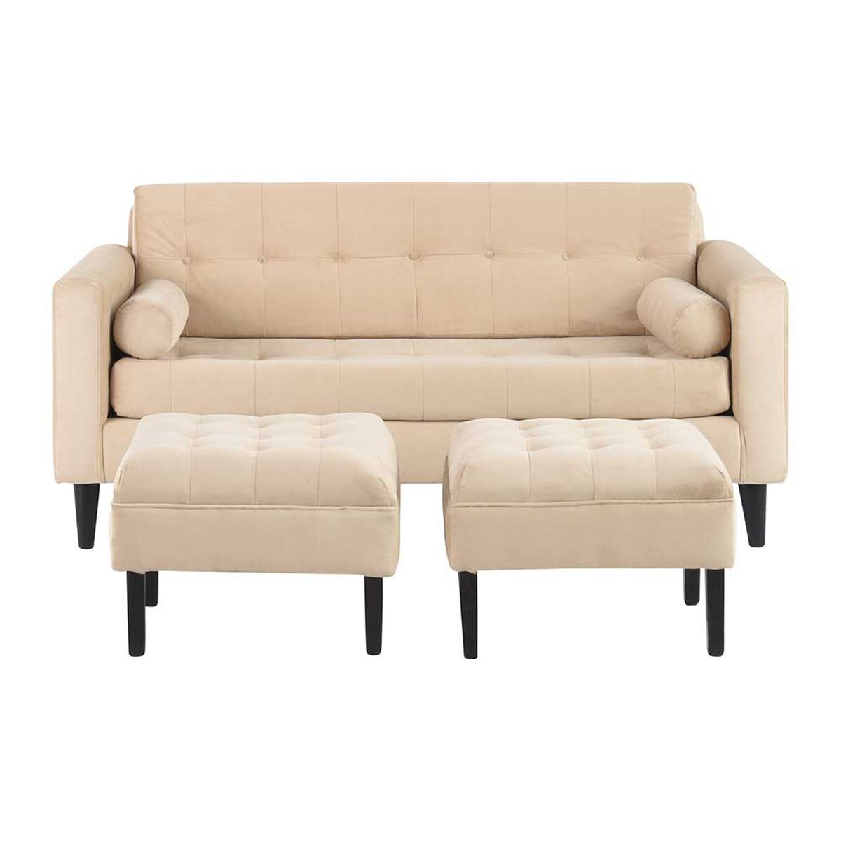 Juego de Living Bodevir Retro  Sofá 3 Cuerpos + Dos Pouf 1 Cuerpo Beige