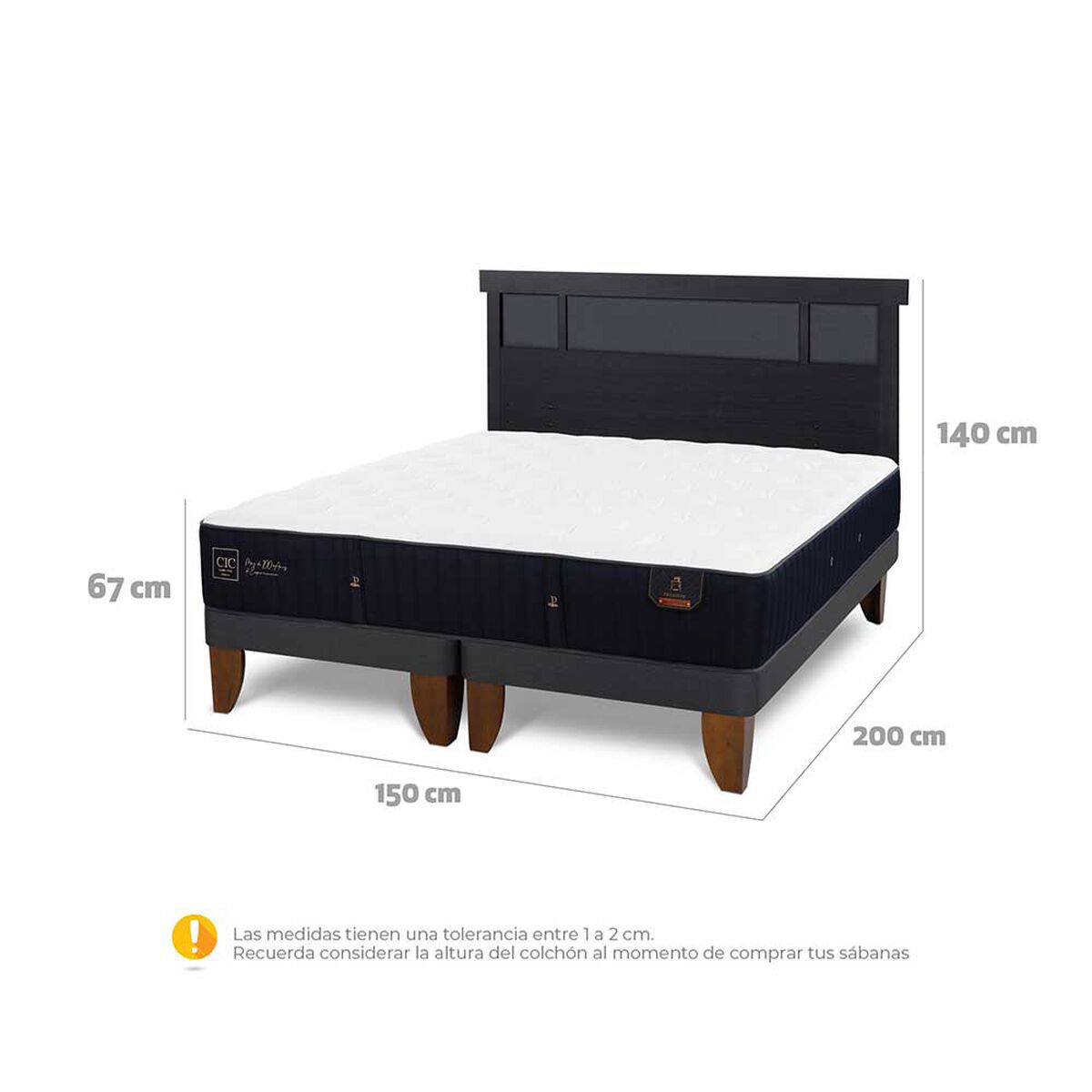 Cama Europea CIC Base Dividida 2 Plazas Premium + Respaldo Dublin Negro