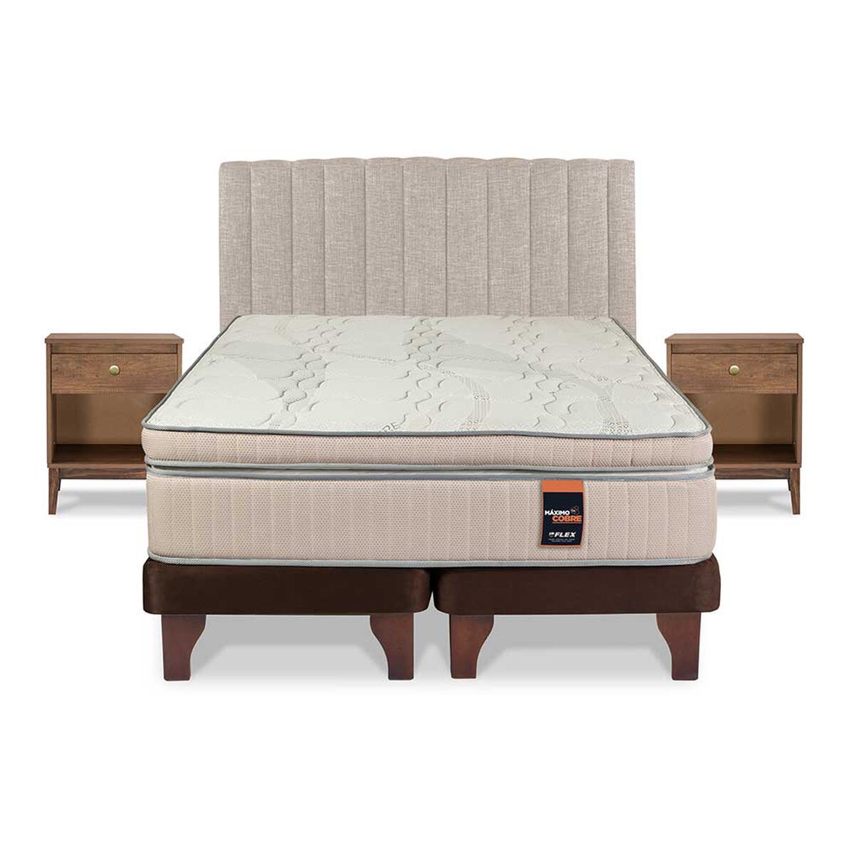 Cama Europea Flex Base Dividida 2 Plazas Máximo Cobre  + Respaldo Tubular Beige + 2 Veladores Atenas