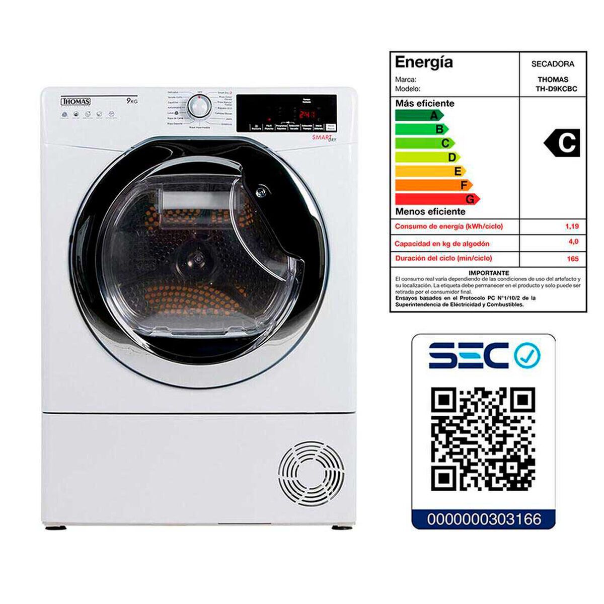 Secadora de Ropa Thomas TH-D9KCBC 9 kg. Condensaci&oacute;n con Bomba Calor