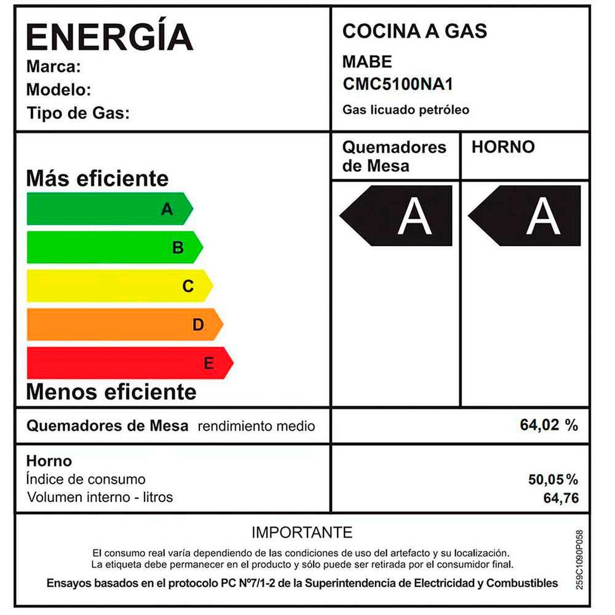 Cocina a Gas Mabe CMC5100NA1 4 Quemadores