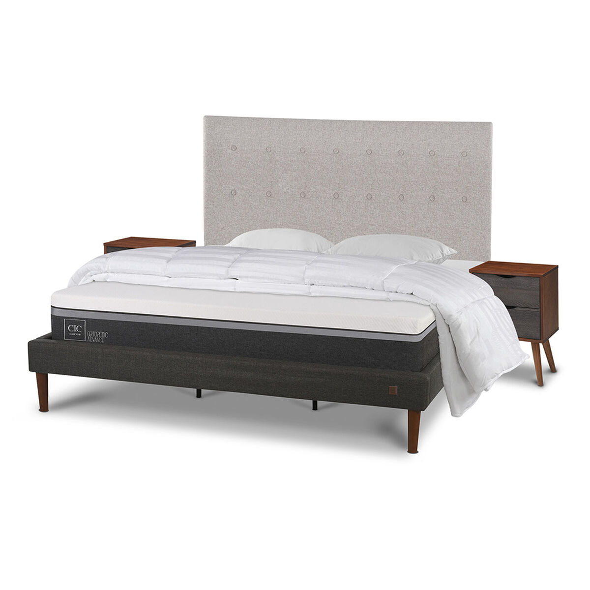 Cama Europea CIC King Ortopedic Advance + Respaldo Tigris + 2 Veladores + Almohadas + Plum&oacute;n