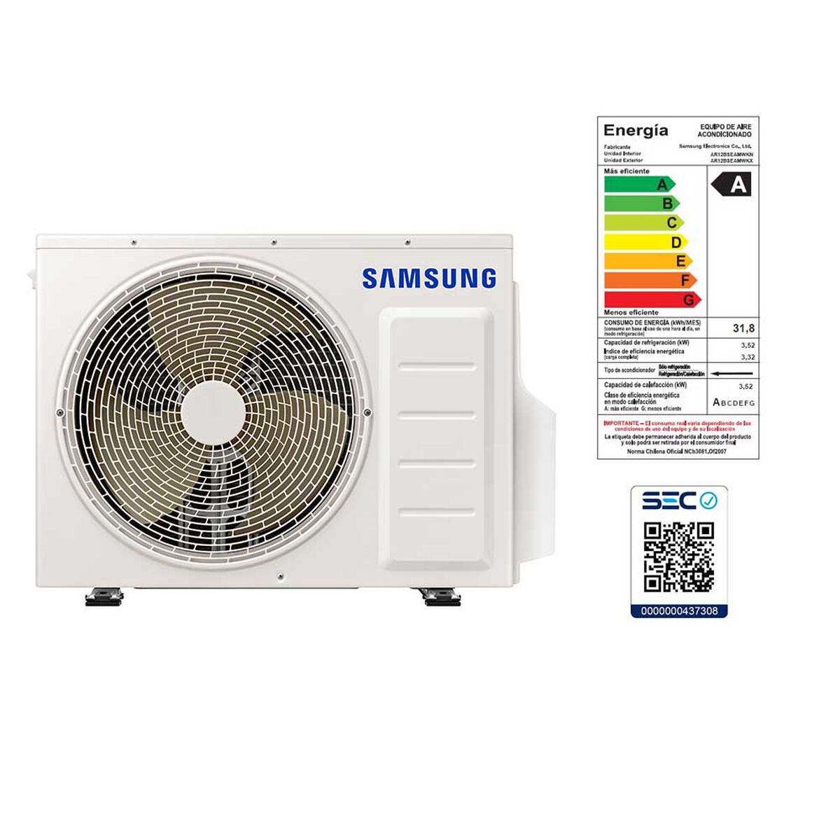 Aire Acondicionado Samsung AR12BSEAMWK/ZS Wind-Free Inverter 12000 BTU Frío-Calor WiFi