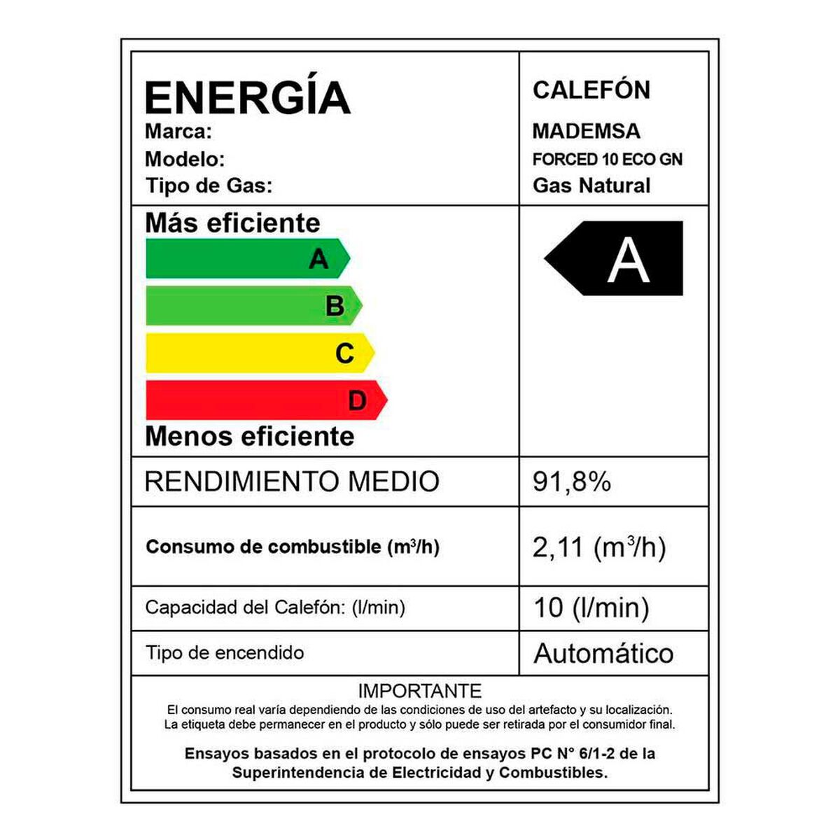 Calefont Gas Natural Mademsa Forced 10 Eco GN 10 lts.