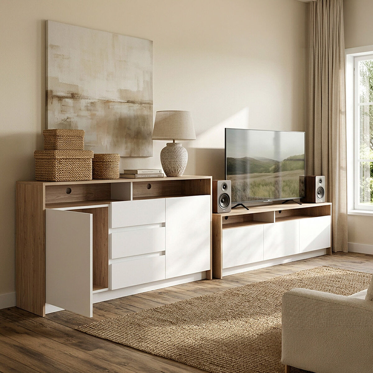 Rack TV Colbún + Buffet CIC Olmo Blanco