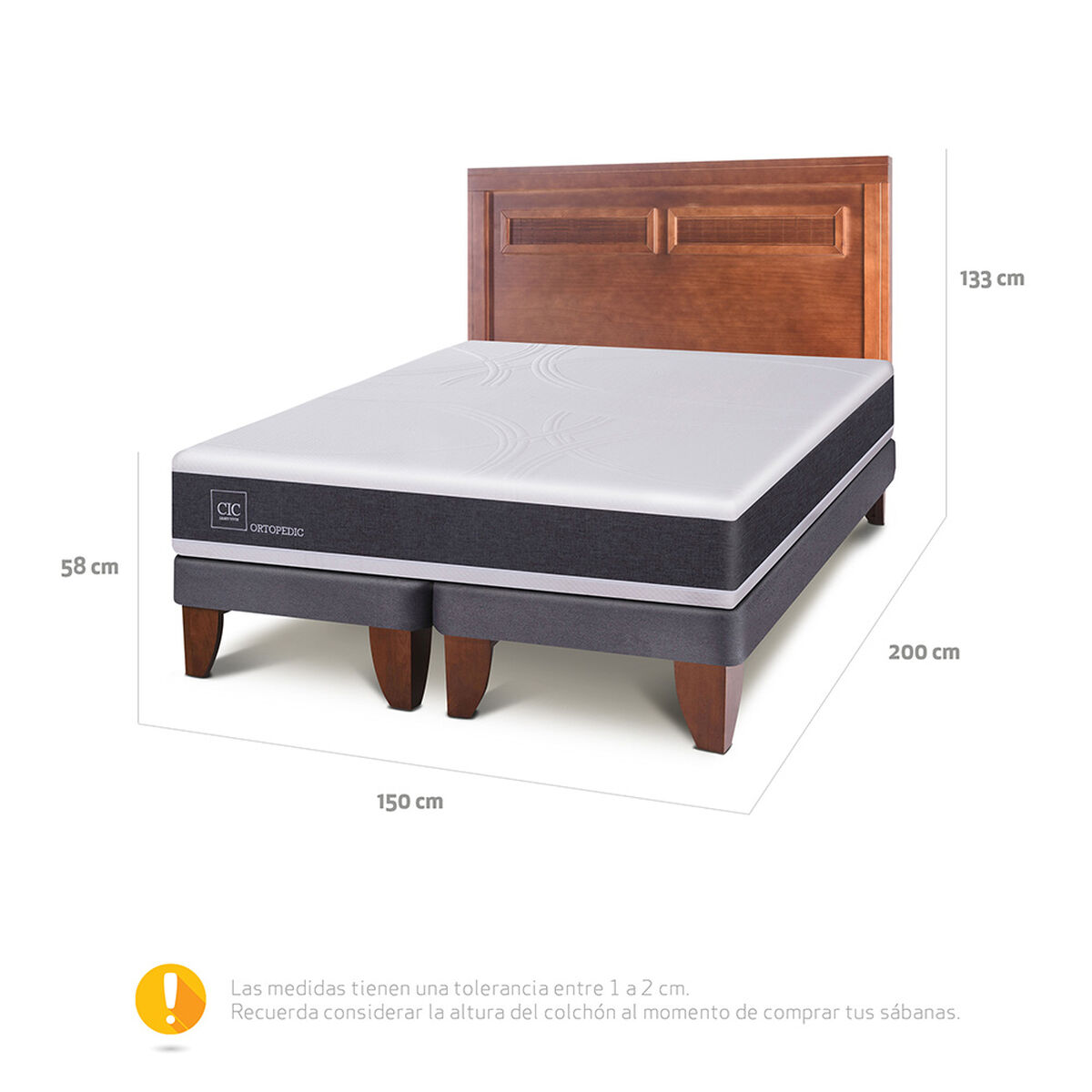 Cama Europea CIC Base Dividida 2 Plazas New Ortopedic + Respaldo Milán