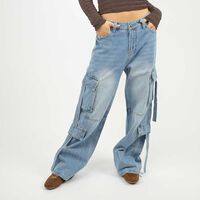 Jeans Cargo Mujer Icono Celeste, Indigo, Negro