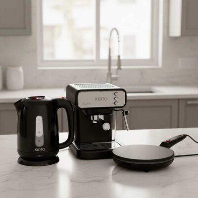 Combo Cafetera Eléctrica Kioto Barisuta Pro 1 L + Hervidor Eléctrico Kioto Tottori 1,7 L + Panquequera Kioto Iwate 700W