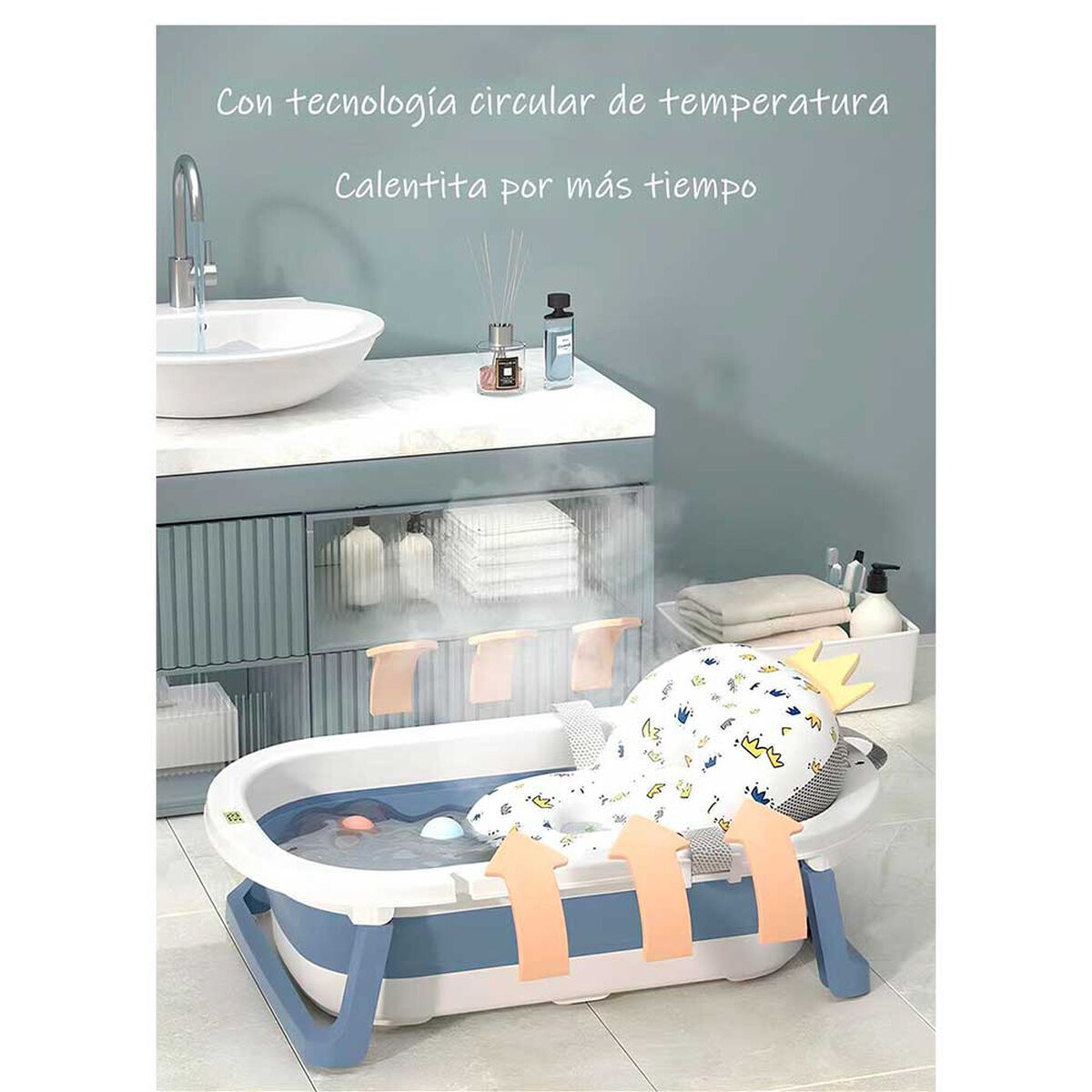 Bañera Plegable con Termómetro, Cojin y más Accesorios Azul