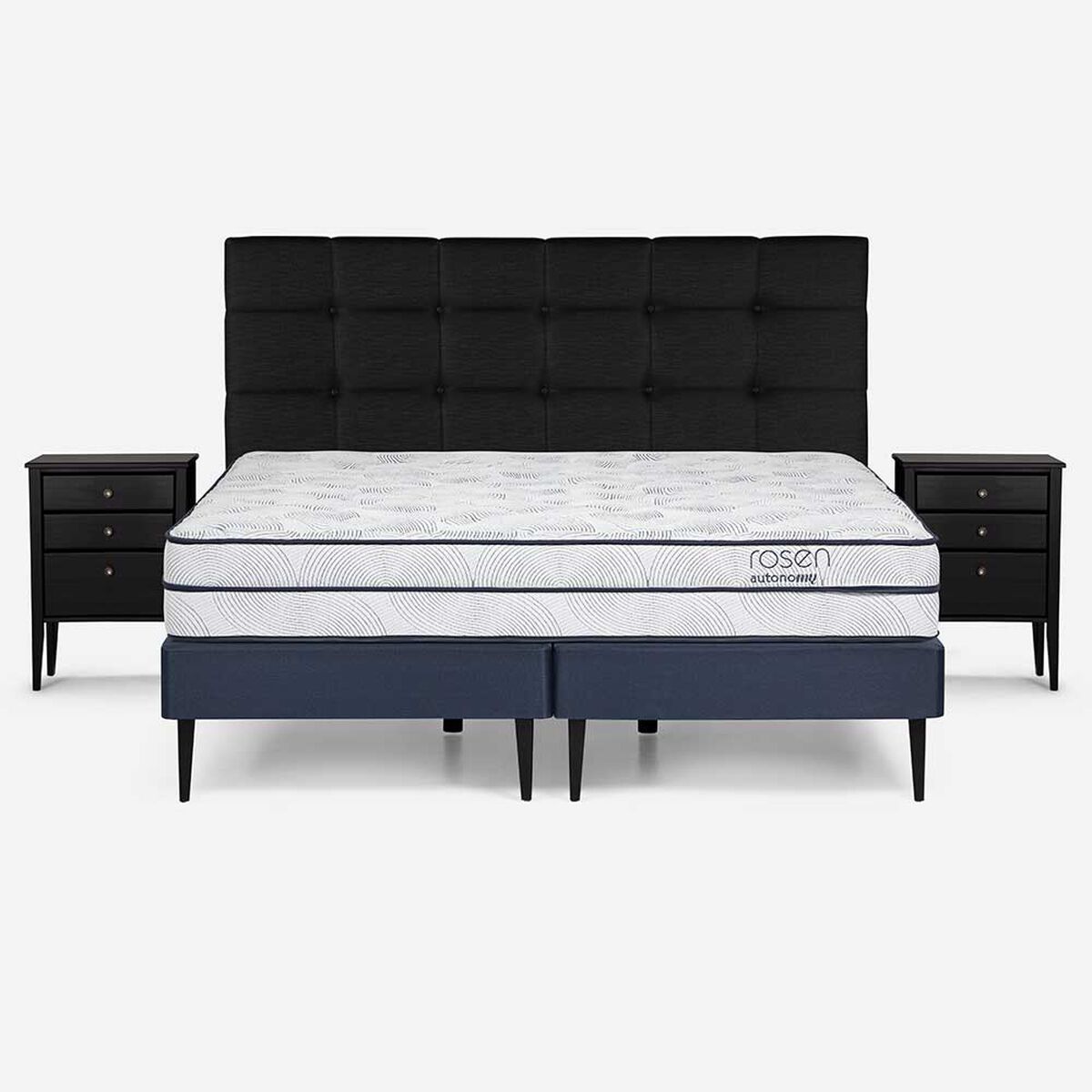 Cama Europea Rosen Base Dividida King Autonomy + Respaldo + 2 Veladores Issey Grafito