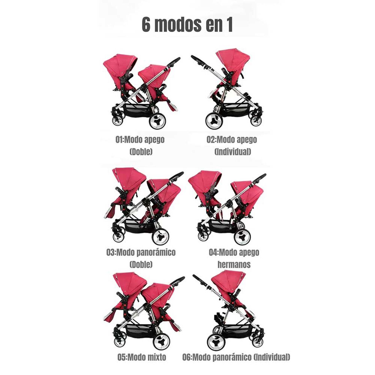 Coche Doble Duo Reclinable 6 Modos En 1 LuBabycas Gris