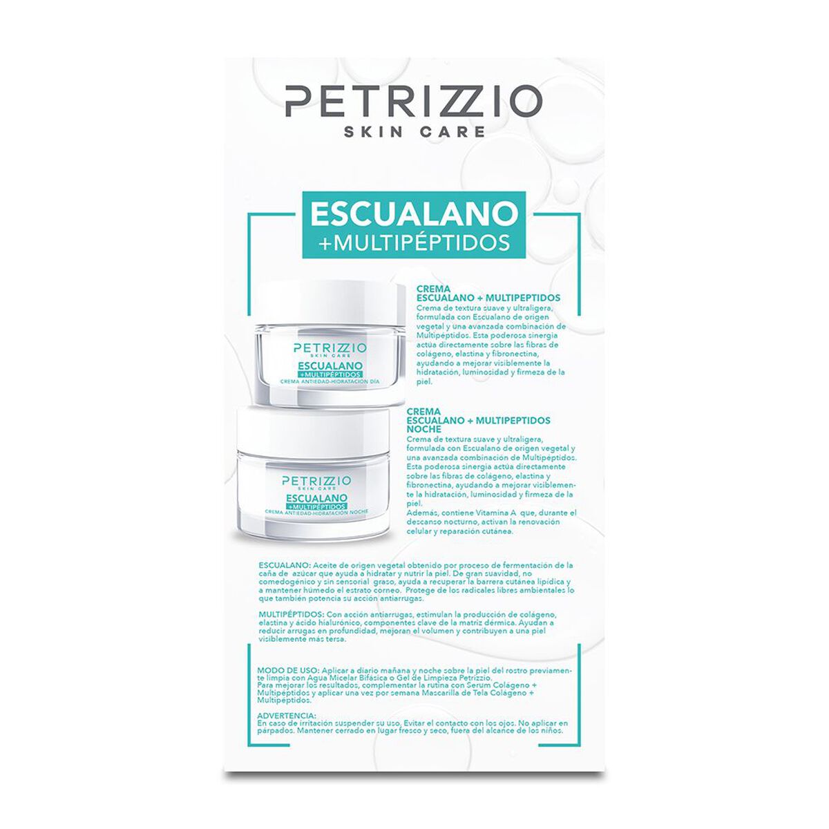 Set Crema Antiedad D&iacute;a y Noche Escualano + Multip&eacute;ptidos Petrizzio