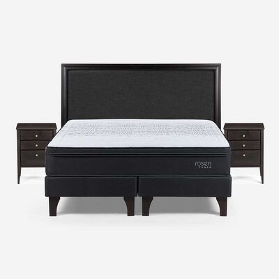 Cama Europea Rosen Base Dividida 2 Plazas Tempo + Respaldo + 2 Veladores Nolita Grafito