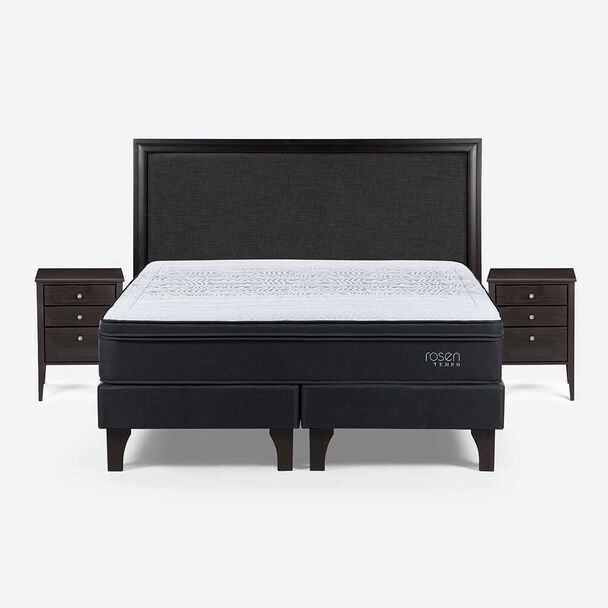 Cama Europea Rosen Base Dividida 2 Plazas Tempo + Respaldo + 2 Veladores Nolita Grafito