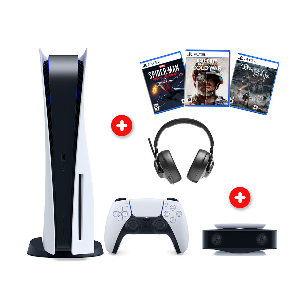 Combo Consola Sony PlayStation 5 + Cámara HD + Audífonos JBL Quantum 300 Negros + 3 Juegos PS5