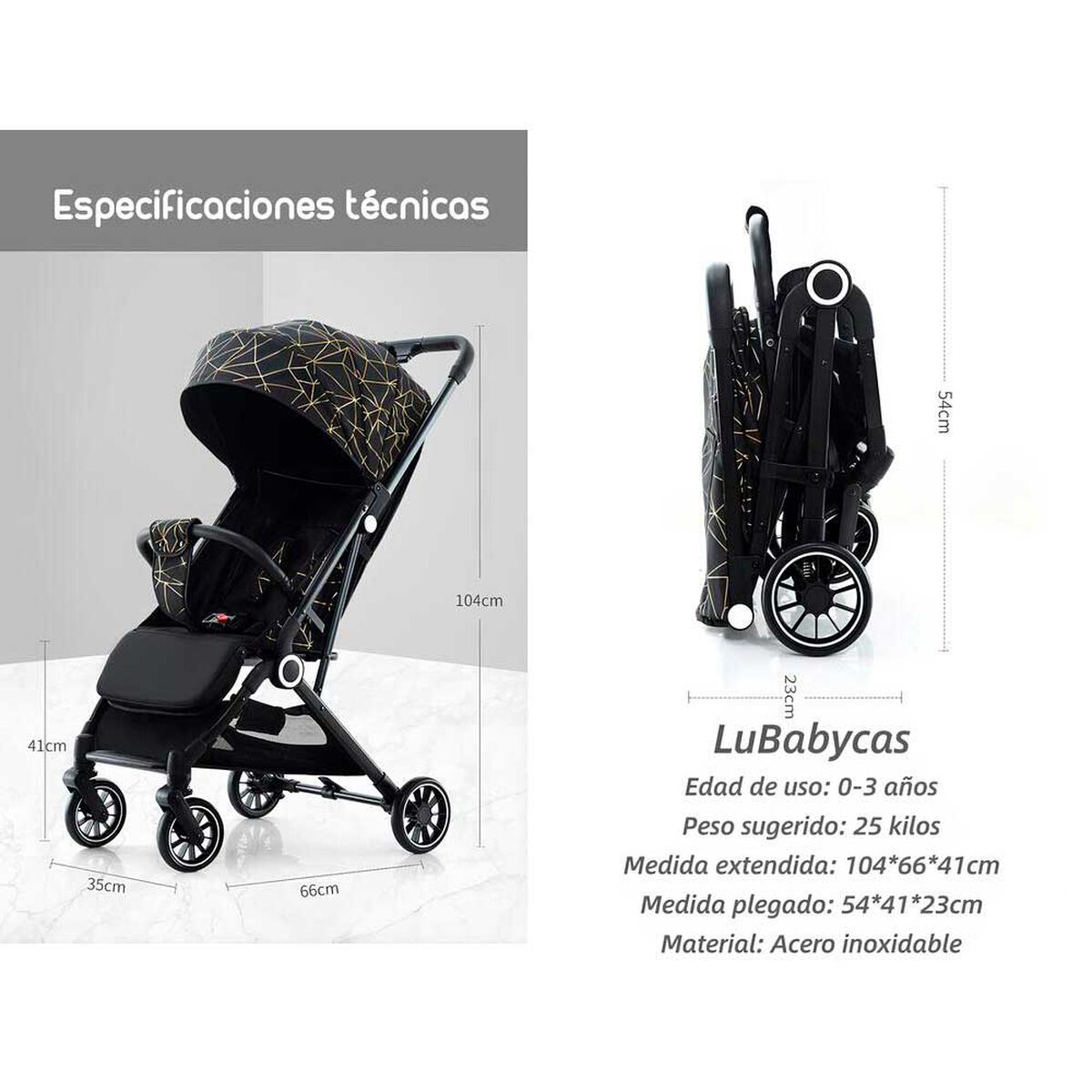 Coche de Paseo Últra Compacto con Accesorios Lubabycas Negro