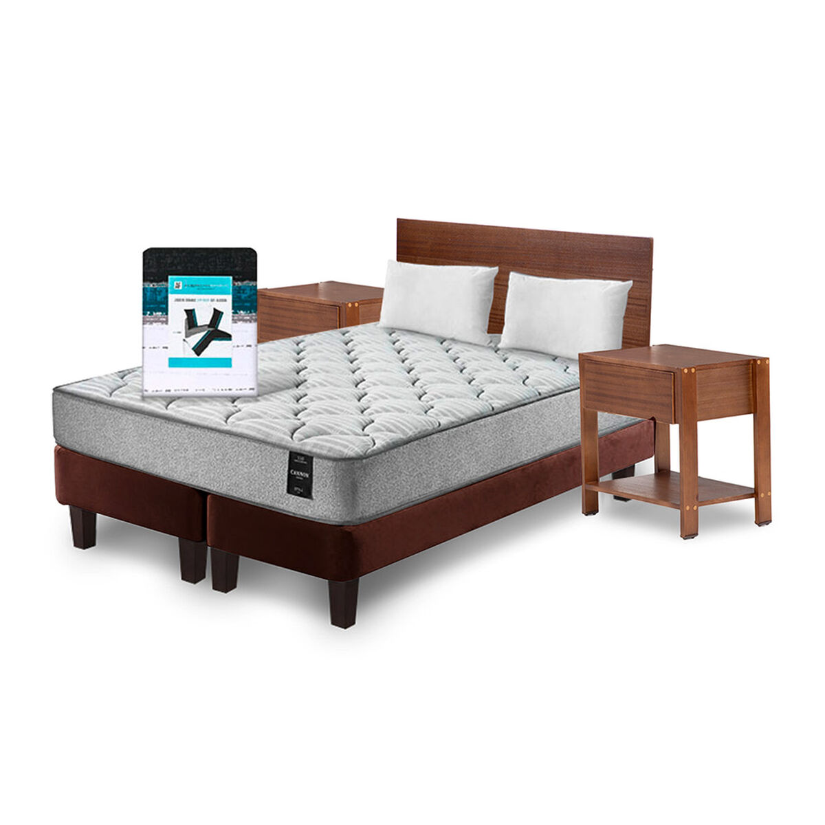 Combo Cama Europea Latam Home 2 Plazas Cannon BD Tela Chocolate + Textil + Resp. + 2 Velador Orion