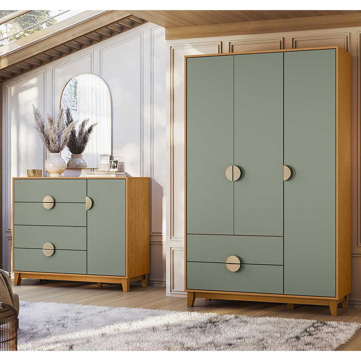 Cómoda Vekkahome Ipe 4 Cajones 1 Puerta Café Verde
