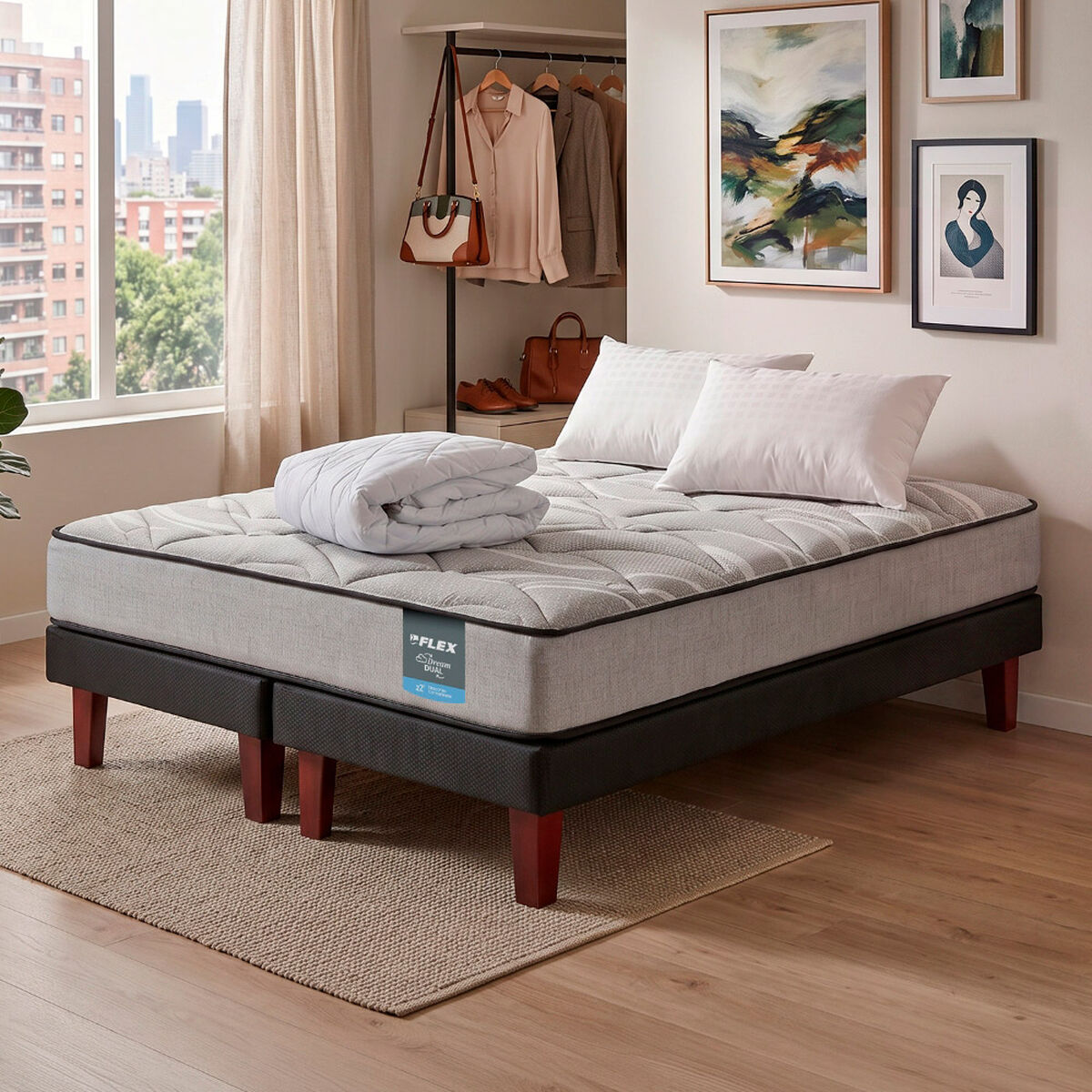 Cama Europea Flex 2 Plazas Dream Dual B/D + 2 Almohada + Cubrecolchon Basico