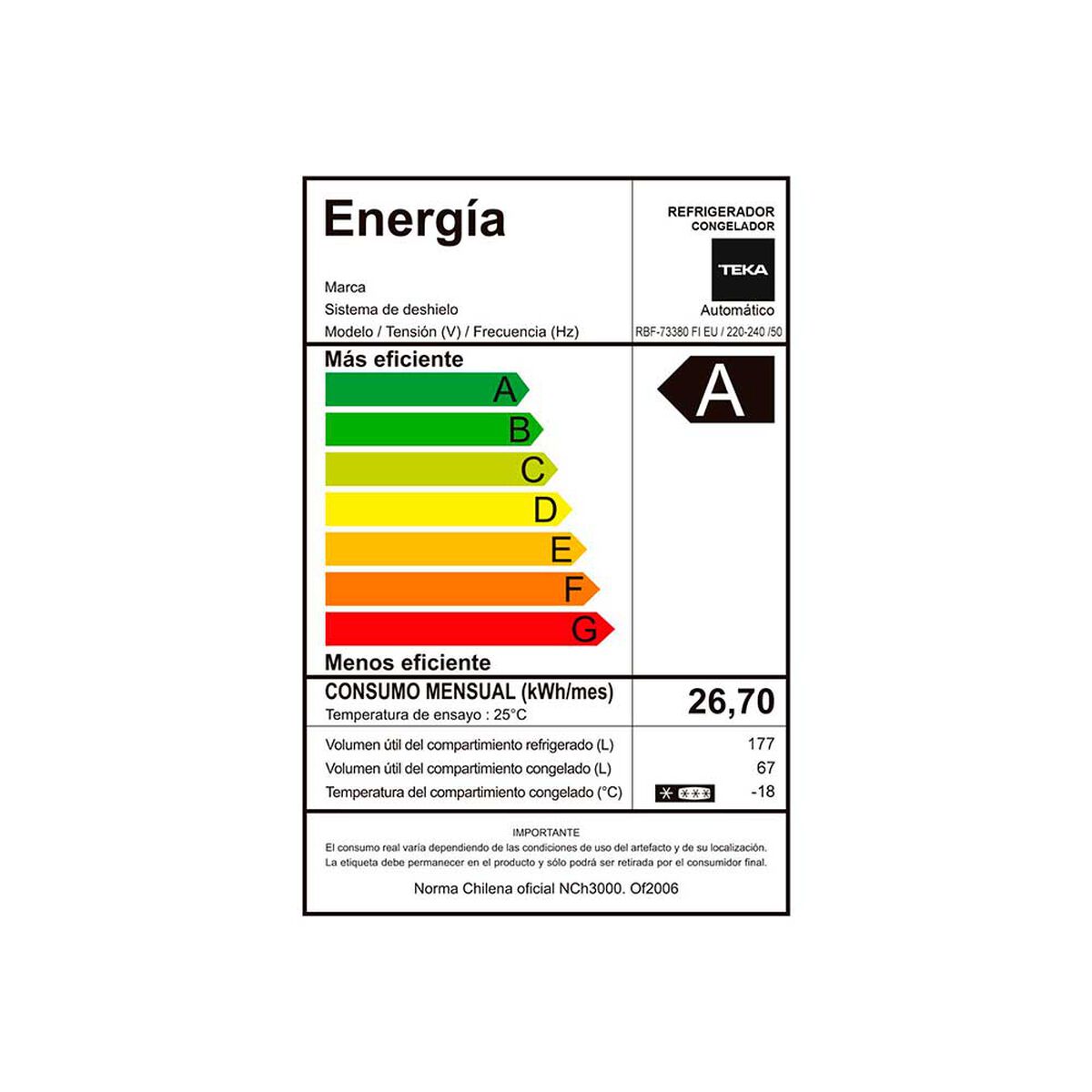 Refrigerador Combi No Frost Teka RBF 73380 244 lts.