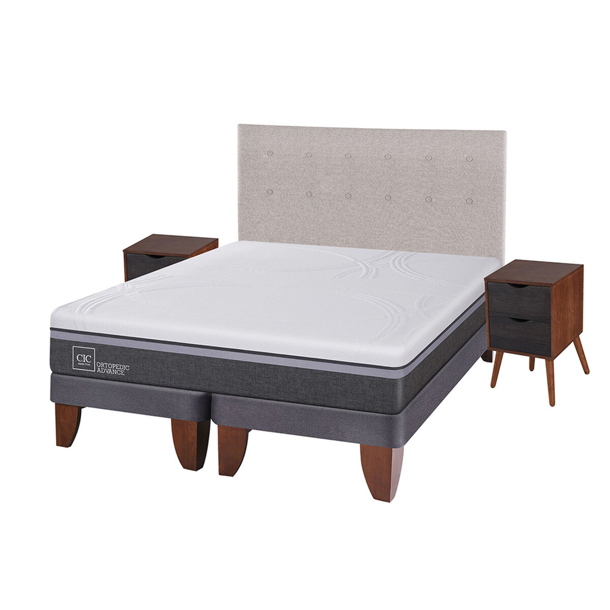 Cama Europea CIC Base Dividida 2 Plazas Ortopedic Advance + Respaldo + 2 Veladores Tigris