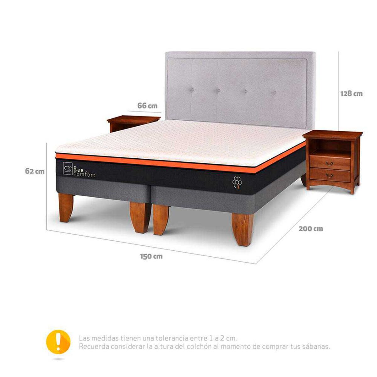 Cama Europea CIC Base Dividida 2 Plazas Bee Comfort + Respaldo + 2 Veladores