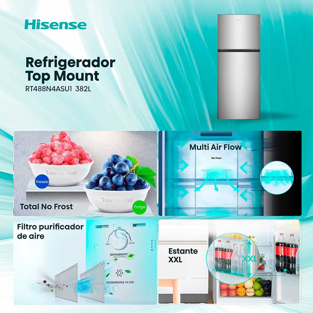Refrigerador Hisense RT488N4ASU1 Top Mount 382 L Inox